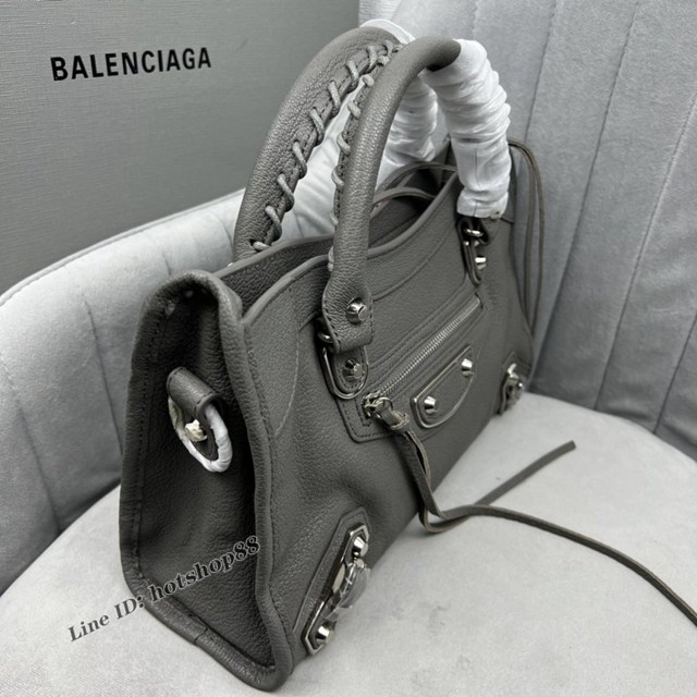 Balenciaga專櫃爆款銀釘深灰義大利進口山羊皮中號機車包 巴黎世家原單經典手提機車包 fyj1767